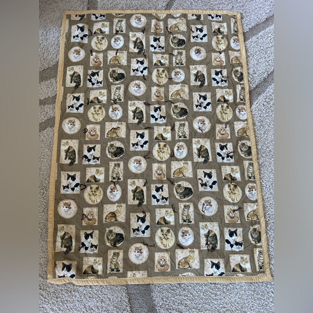Cat quilt blanket throw blanket handmade tan